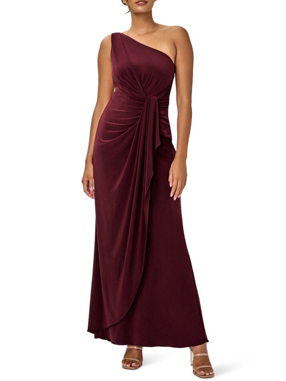 NWT Adrianna Papell One Shoulder Gown Red Wine Burgundy Jersey Dress Maxi 8